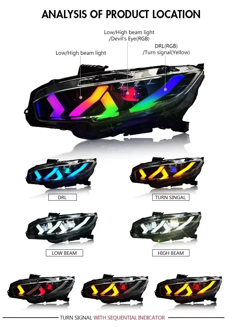 LED RGB Headlights With Multicolor DRL Sequential Turn Signal