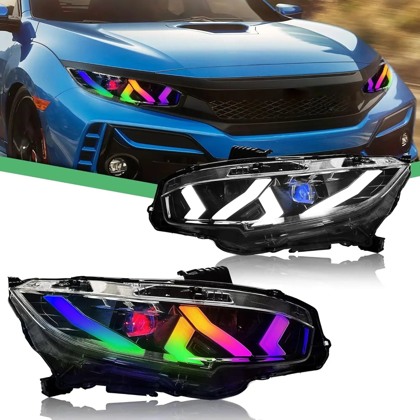 LED RGB Headlights With Multicolor DRL Sequential Turn Signal